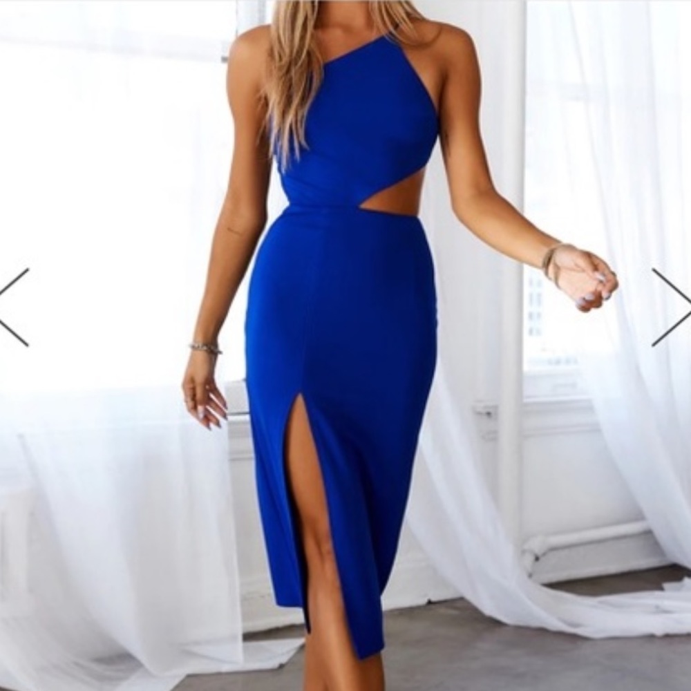 Hello Molly Royal Blue One-Shoulder Cutout Midi Dress